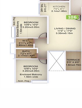 Floor plan of 2 BHK 684 Sq. Ft. Apartment in VTP Purvanchal, Pune