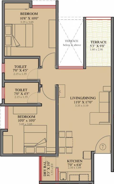 Floor plan of 2 BHK 585 Sq. Ft. Apartment in VTP Purvanchal, Pune