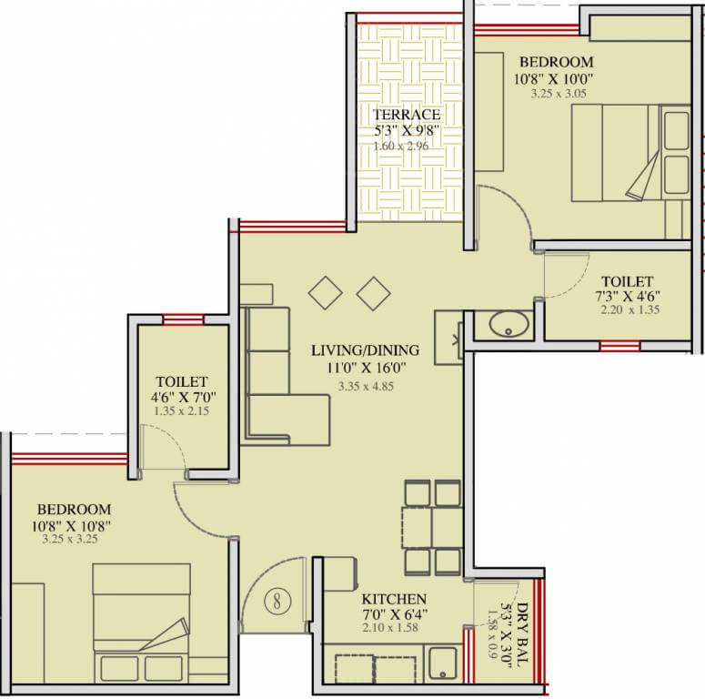 Floor plan of 2 BHK 580 Sq. Ft. Apartment in VTP Purvanchal, Pune