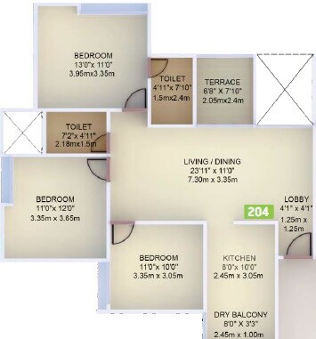Floor plan of 3 BHK 881 Sq. Ft. Apartment in VTP Purvanchal, Pune