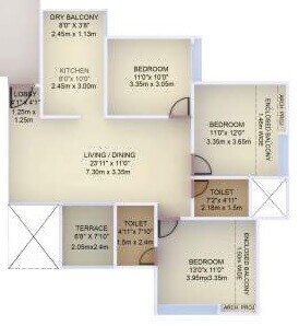 Floor plan of 3 BHK 959 Sq. Ft. Apartment in VTP Purvanchal, Pune