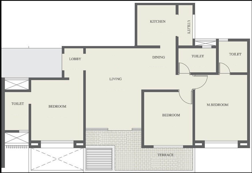 Floor plan of 3 BHK 1049 Sq. Ft. Apartment in VTP Solitaire, Pune