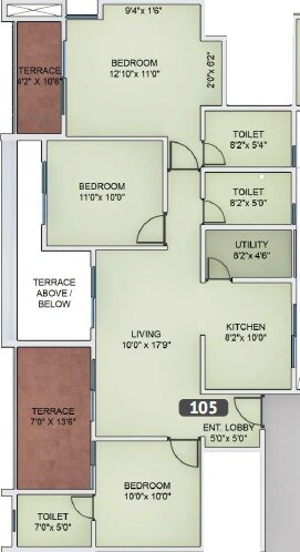 Floor plan of 3 BHK 1335 Sq. Ft. Apartment in VTP Urban Nest, Pune