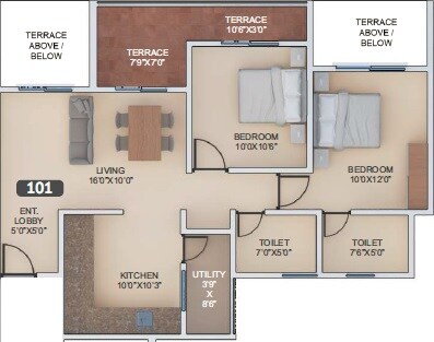 Floor plan of 2 BHK 1024 Sq. Ft. Apartment in VTP Urban Nest, Pune