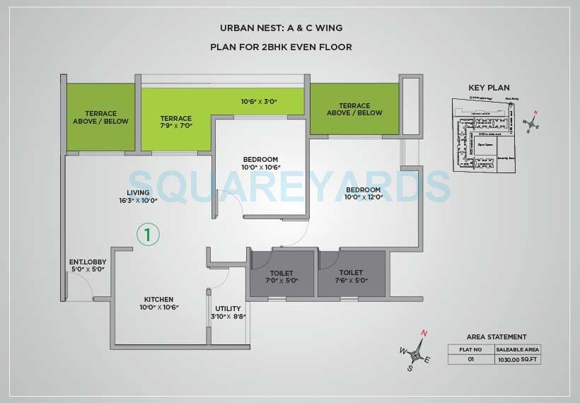 Floor plan of 2 BHK 1030 Sq. Ft. Apartment in VTP Urban Nest, Pune