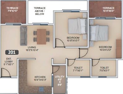 Floor plan of 2 BHK 1054 Sq. Ft. Apartment in VTP Urban Nest, Pune
