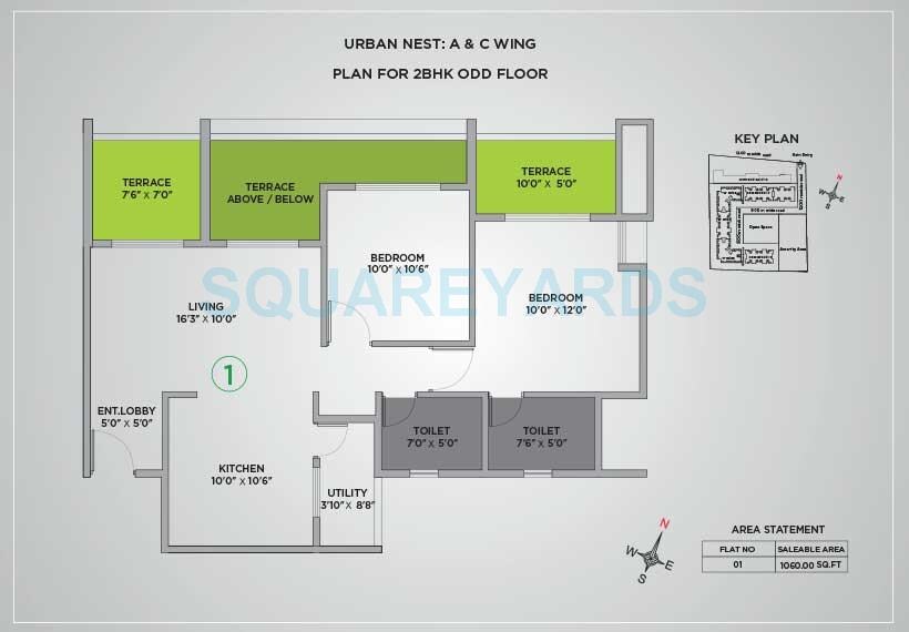 Floor plan of 2 BHK 1060 Sq. Ft. Apartment in VTP Urban Nest, Pune