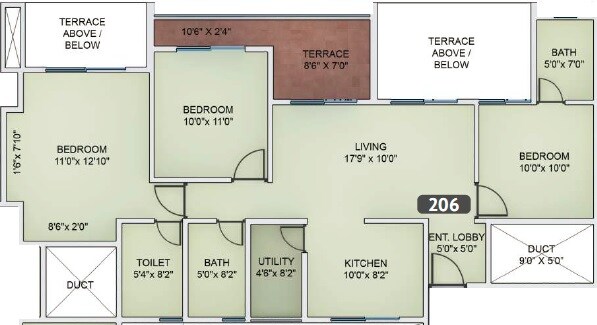 Floor plan of 3 BHK 1262 Sq. Ft. Apartment in VTP Urban Nest, Pune