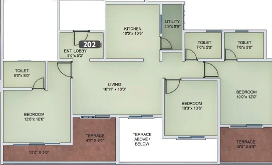Floor plan of 3 BHK 1385 Sq. Ft. Apartment in VTP Urban Nest, Pune