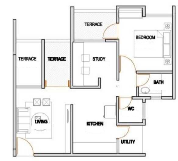 Floor plan of 1 BHK 588 Sq. Ft. Apartment in VTP Urban Rise, Pune