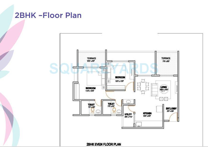 Floor plan of 2 BHK 775 Sq. Ft. Apartment in VTP Urban Rise, Pune