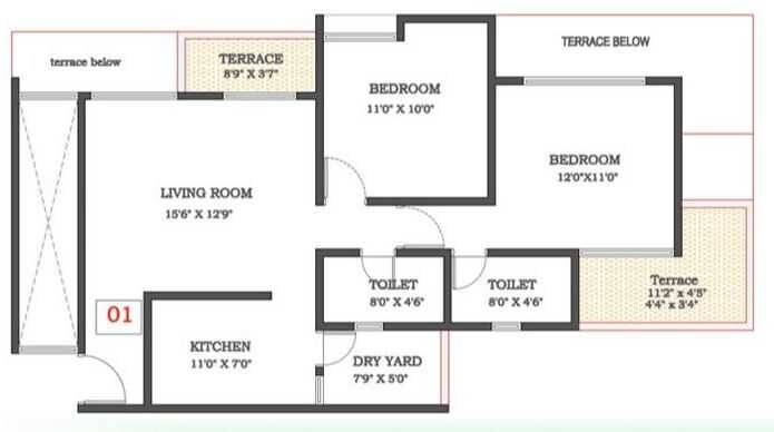 Floor plan of 2 BHK 1046 Sq. Ft. Apartment in VTP Urban Soul, Pune