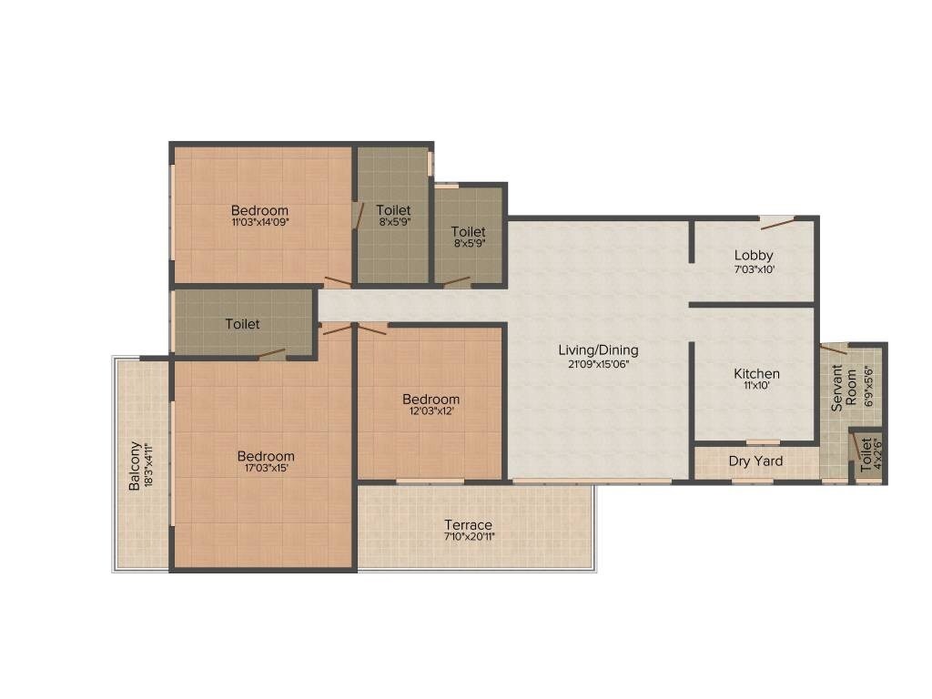 Floor plan of 3 BHK 2269 Sq. Ft. Apartment in VTP Urban Space, Pune