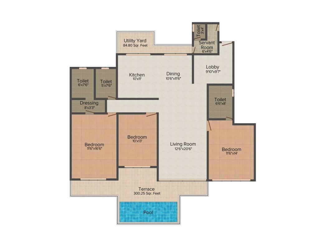 Floor plan of 3 BHK 2300 Sq. Ft. Apartment in VTP Urban Space, Pune