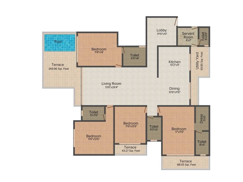Floor plan of 4 BHK 2985 Sq. Ft. Apartment in VTP Urban Space, Pune