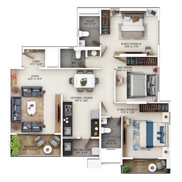 Floor plan of 3 BHK 1100 Sq. Ft. Apartment in Vyas Anudatta CHS, Pune