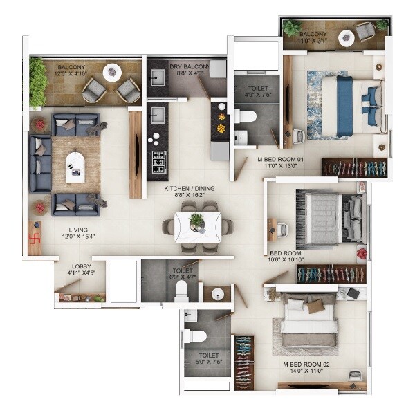 Floor plan of 3 BHK 1110 Sq. Ft. Apartment in Vyas Anudatta CHS, Pune