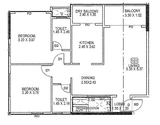 Floor plan of 2 BHK 651 Sq. Ft. Apartment in Vyas Ashwamedh CHS, Pune