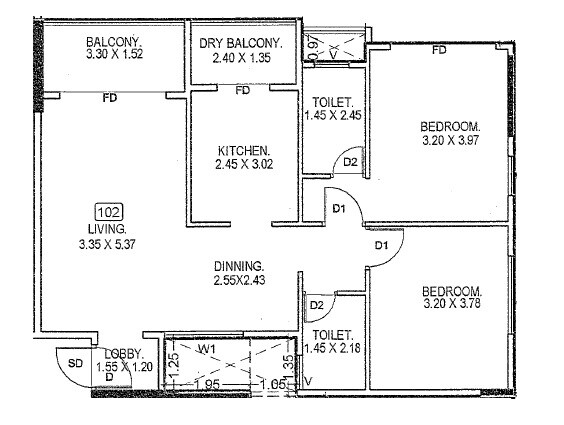Floor plan of 2 BHK 747 Sq. Ft. Apartment in Vyas Ashwamedh CHS, Pune