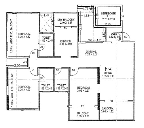 Floor plan of 3 BHK 1100 Sq. Ft. Apartment in Vyas Ashwamedh CHS, Pune