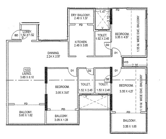 Floor plan of 3 BHK 843 Sq. Ft. Apartment in Vyas Ashwamedh CHS, Pune