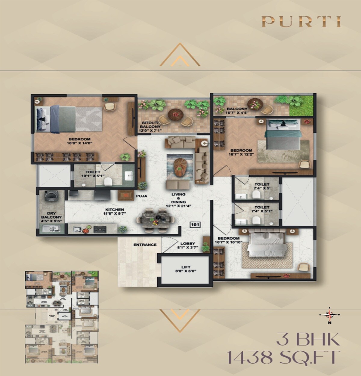 Floor plan of 3 BHK 1438 Sq. Ft. Apartment in Vyas Purti Apartments, Pune