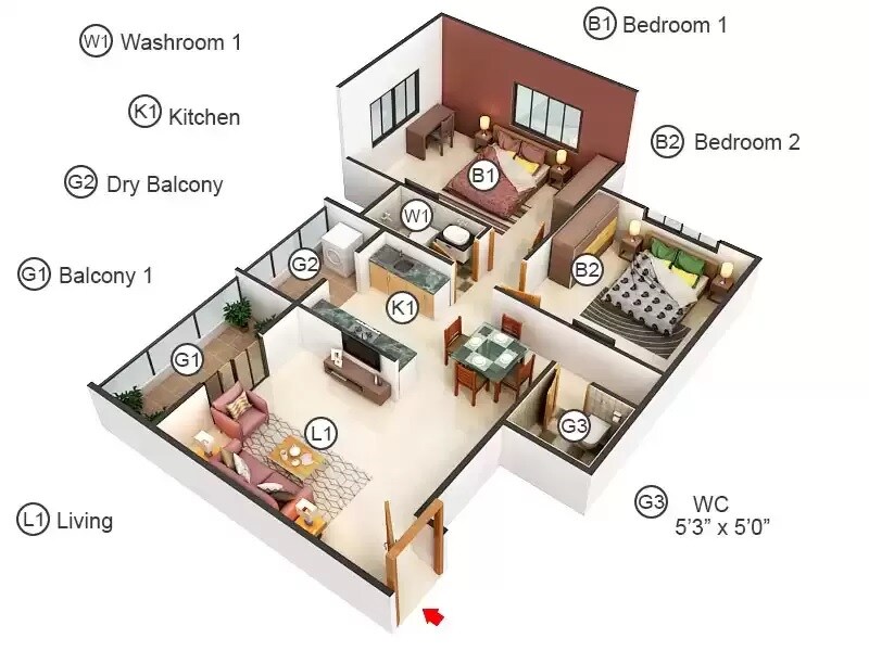 Floor plan of 2 BHK 771 Sq. Ft. Apartment in Vyas Sudhendu CHS, Pune