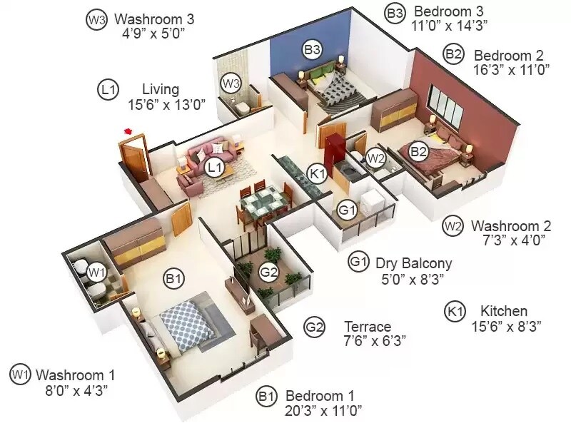 Floor plan of 3 BHK 1194 Sq. Ft. Apartment in Vyas Sudhendu CHS, Pune