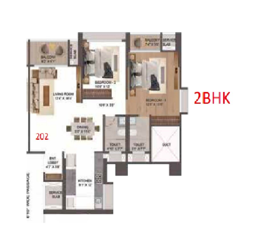 Floor plan of 2 BHK 946 Sq. Ft. Apartment in Vyom Avinea, Pune