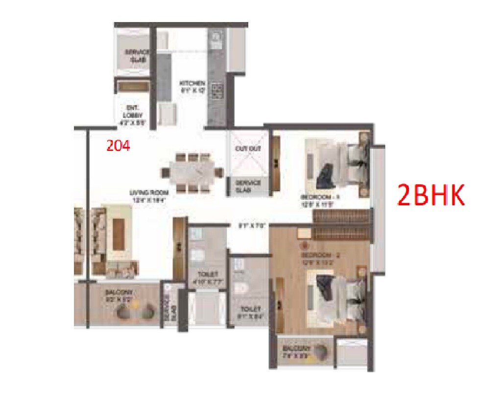 Floor plan of 2 BHK 960 Sq. Ft. Apartment in Vyom Avinea, Pune