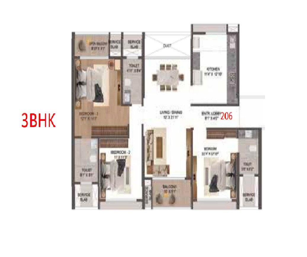 Floor plan of 3 BHK 1213 Sq. Ft. Apartment in Vyom Avinea, Pune
