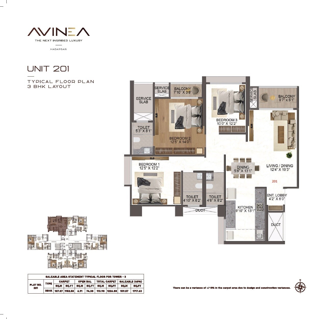 Floor plan of 3 BHK 1227 Sq. Ft. Apartment in Vyom Avinea, Pune
