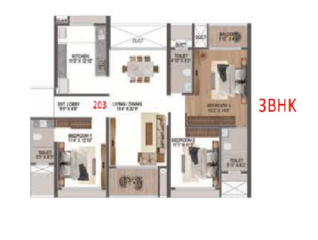 Floor plan of 3 BHK 1238 Sq. Ft. Apartment in Vyom Avinea, Pune