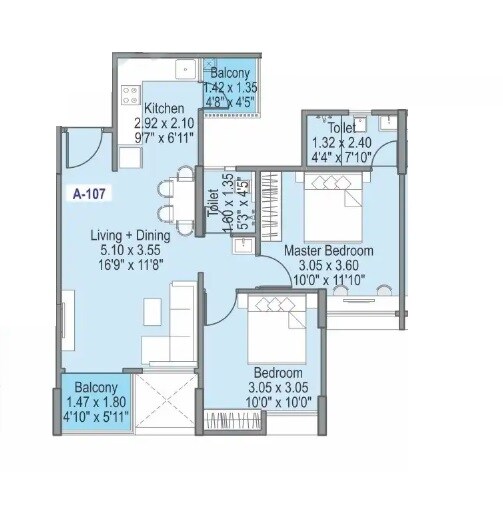Floor plan of 2 BHK 652 Sq. Ft. Apartment in Wadhwani Om Mangalam Chaitanya, Pune