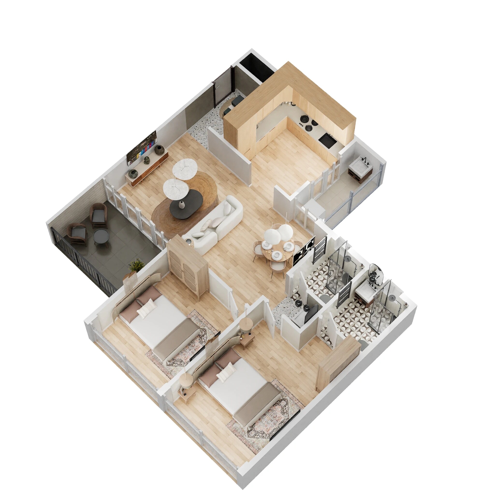 Floor plan of 2 BHK 673 Sq. Ft. Apartment in Wadhwani Om Mangalam Chaitanya, Pune