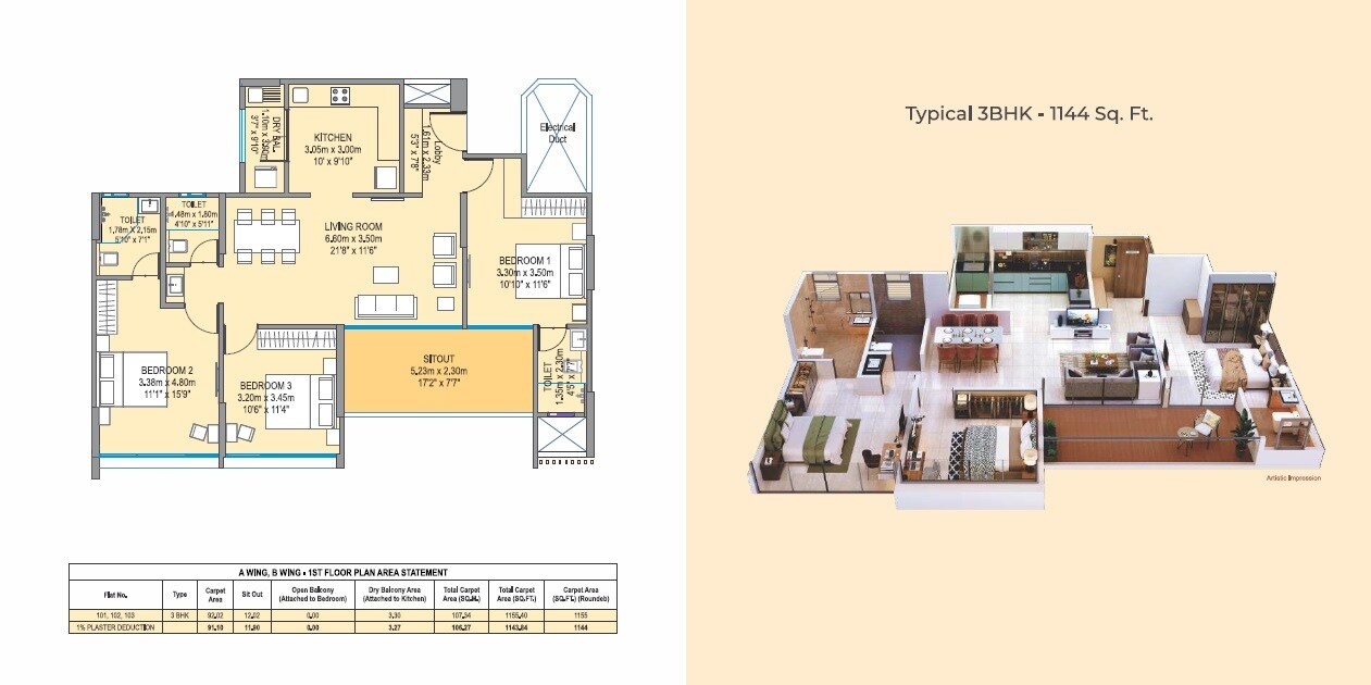 3 BHK 1144 Sq. Ft. Apartment