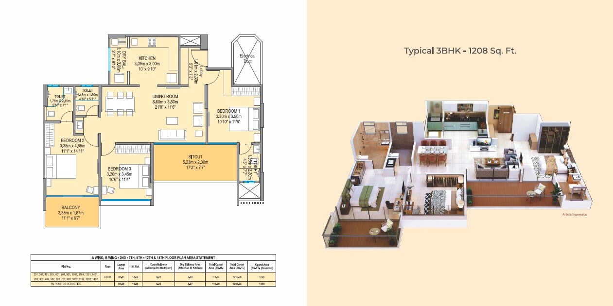 Floor plan of 3 BHK 1208 Sq. Ft. Apartment in Wadhwani Om Mangalam Yash, Pune