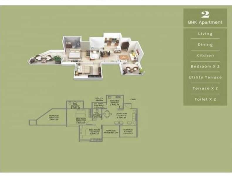 Floor plan of 2 BHK 880 Sq. Ft. Apartment in Wadhwani Sai Paradise, Pune