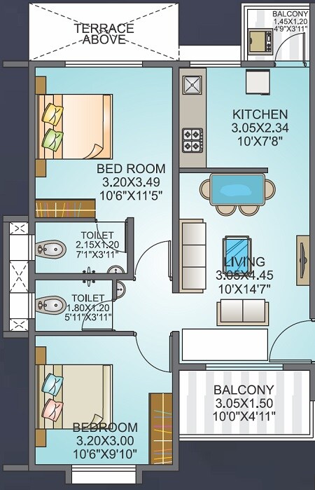 Floor plan of 2 BHK 636 Sq. Ft. Apartment in Waghere Subhadra Heights, Pune