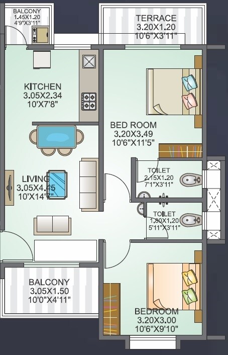 Floor plan of 2 BHK 682 Sq. Ft. Apartment in Waghere Subhadra Heights, Pune