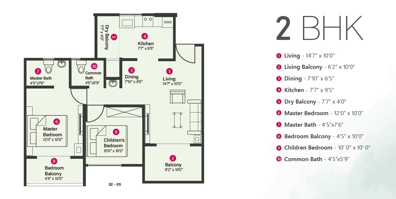 Floor plan of 2 BHK 732 Sq. Ft. Apartment in Wakadkar Aster Park, Pune