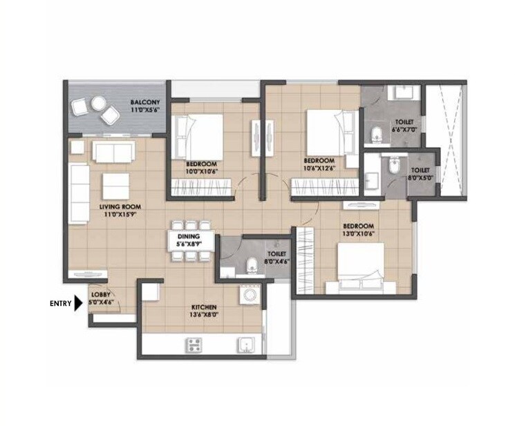 Floor plan of 3 BHK 970 Sq. Ft. Apartment in Wamanbhau 121 Paradise, Pune