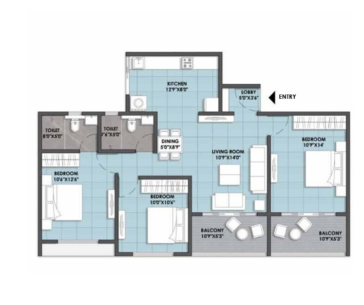 Floor plan of 3 BHK 995 Sq. Ft. Apartment in Wamanbhau 121 Paradise, Pune