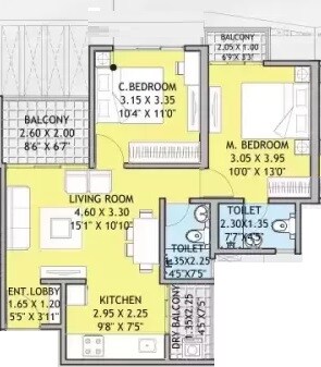 Floor plan of 2 BHK 850 Sq. Ft. Apartment in Wellwisher Abode, Pune