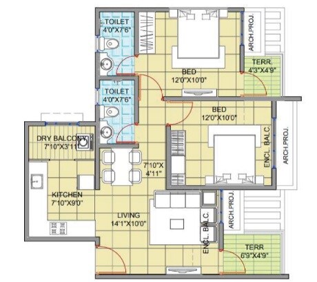 Floor plan of 2 BHK 690 Sq. Ft. Apartment in Wellwisher Kiarah Terrazo, Pune