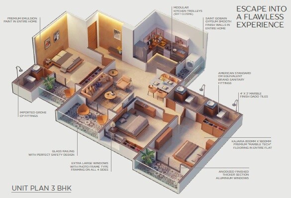 Floor plan of 3 BHK 997 Sq. Ft. Apartment in Welworth Bluescapes, Pune