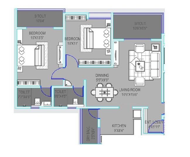 Floor plan of 2 BHK 755 Sq. Ft. Apartment in Welworth Bluescapes, Pune