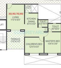 Floor plan of 2 BHK 1073 Sq. Ft. Apartment in Welworth Tinseltown, Pune