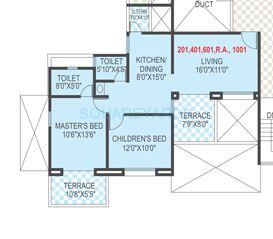 Floor plan of 2 BHK 1081 Sq. Ft. Apartment in Welworth Tinseltown, Pune