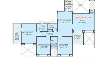 Floor plan of 3 BHK 1511 Sq. Ft. Apartment in Welworth Tinseltown, Pune